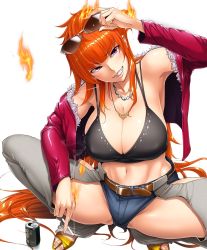 Rule 34 | 1girl, bare shoulders, breasts, cigarette, cleavage, female focus, fire, full body, highres, huge breasts, jewelry, kamimura maika, long hair, looking at viewer, necklace, no bra, orange hair, purple eyes, shiny skin, short shorts, shorts, sian, simple background, smile, smoke, smoking, solo, spread legs, taimanin (series), taimanin asagi, taimanin asagi kessen arena, teeth, thick thighs, thighhighs, thighs, very long hair, white background