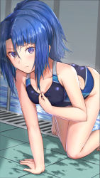 Rule 34 | 1girl, absurdres, alice gear aegis, ass, blue hair, competition swimsuit, eyes visible through hair, female focus, food, highres, legs, looking at viewer, one-piece swimsuit, origami yakko, ponytail, pool, poolside, purple eyes, sidelocks, solo, swimsuit, takanashi rei, thighs