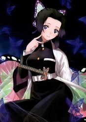 Rule 34 | 1girl, absurdres, belt, blush, bug, butterfly, butterfly hair ornament, buttons, cape, capelet, forehead, hair intakes, hair ornament, hand up, haori, head tilt, high-waist pants, highres, insect, japanese clothes, katana, kimetsu no yaiba, kochou shinobu, long sleeves, looking at viewer, pants, parted bangs, parted lips, purple butterfly, purple hair, scan, sheath, sheathed, sidelocks, simple background, sitting, smile, solo, sword, tony taka, weapon, white belt, white cape