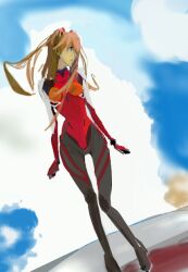 Rule 34 | 1girl, artist request, blue eyes, bodysuit, breasts, brown hair, evangelion: 3.0 you can (not) redo, feet out of frame, floating hair, full body, long hair, medium breasts, neon genesis evangelion, plugsuit, rebuild of evangelion, red bodysuit, shiny clothes, simple background, skin tight, sky, solo, souryuu asuka langley, standing, two side up, wide hips