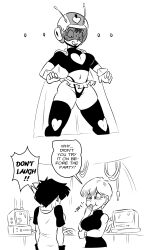 Rule 34 | ..., 2girls, absurdres, breasts, bulma, cape, cleavage, cleavage cutout, clothing cutout, comic, commentary, constricted pupils, crop top, dragon ball, dragonball z, dress, english commentary, english text, funsexydb, great saiyaman 2, greyscale, groin, heart cutout, helmet, highleg, highleg panties, highres, holding in laughter, large breasts, microskirt, midriff, monochrome, multiple girls, navel, panties, short hair, skirt, smile, sweat, thighhighs, thong, turtleneck, turtleneck dress, underwear, videl