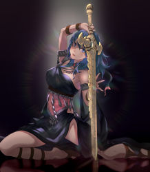 Rule 34 | 1girl, armlet, asao fodla, blue eyes, blue hair, breasts, byleth (female) (fire emblem), byleth (fire emblem), cleavage, dancer, dancer (fire emblem: three houses), dress, fire emblem, fire emblem: three houses, heroes relic (fire emblem), highres, holding, holding sword, holding weapon, legs, nintendo, parted lips, single-shoulder dress, solo, sword, sword of the creator, weapon