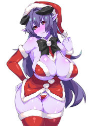 Rule 34 | 1girl, arunira, bikini, black sclera, blush, breasts, brll, christmas, christmas stocking, cleavage, colored sclera, colored skin, demon girl, gloves, hat, highres, horns, large breasts, long hair, looking at viewer, pointy ears, purple hair, purple skin, ribbon, santa hat, solo, swimsuit, thick thighs, thighhighs, thighs