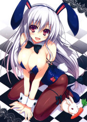 Rule 34 | 1girl, :d, animal ears, arm ribbon, arm support, bare shoulders, black pantyhose, bow, breasts, carrot, checkered floor, cleavage, detached collar, fake animal ears, floor, hair bow, hairband, high heels, highres, large breasts, leg ribbon, leotard, long hair, low-tied long hair, open m/, open mouth, original, pantyhose, playboy bunny, rabbit, rabbit ears, rabbit tail, red eyes, ribbon, shoes, silver hair, sitting, smile, solo, tail, thigh ribbon, tomose shunsaku, wariza, wrist cuffs