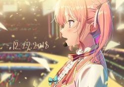 Rule 34 | 1girl, bang dream!, blue bow, blurry, blurry background, blush, bow, commentary request, confetti, dated, earrings, from side, glowstick, hair ribbon, headset, jewelry, maruyama aya, neck ribbon, open mouth, pink hair, pink ribbon, pink vest, poligon (046), profile, red ribbon, ribbon, solo, sparkle, stage, sweat, twintails, upper body, vest