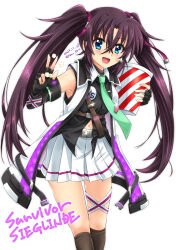 Rule 34 | 1girl, artist name, black gloves, blue eyes, blush, breasts, brown hair, dated, elbow gloves, fingerless gloves, food, gloves, hair ribbon, highres, long hair, looking at viewer, lyrical nanoha, mahou shoujo lyrical nanoha vivid, miniskirt, navel, open mouth, popcorn, ribbon, san-pon, sieglinde eremiah, simple background, skirt, small breasts, smile, solo, vivid strike!, white background, white skirt