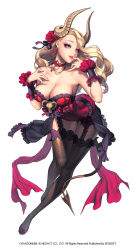 Rule 34 | 1girl, alternate costume, arched back, bare shoulders, bent over, blonde hair, blue eyes, breasts, chaos online, choker, cleavage, collarbone, company name, copyright name, demon girl, demon horns, demon tail, earrings, eyeshadow, female focus, finger to mouth, fishnet thighhighs, fishnets, flower, frilled thighhighs, frills, full body, garter straps, hair flower, hair ornament, hair ribbon, highres, horns, jewelry, large breasts, lips, long hair, love cacao, lucifer (chaos online), makeup, official art, parted lips, ribbon, shoes, simple background, smile, solo, tail, thighhighs, watermark, white background