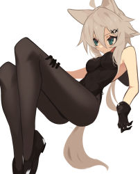 Rule 34 | 1girl, absurdres, animal ear fluff, animal ears, black gloves, black leotard, blue eyes, breasts, covered navel, floating, ghost (tama), gloves, grey hair, hand on own leg, highres, leotard, long hair, looking down, medium breasts, nontraditional playboy bunny, open hand, original, pantyhose, playboy bunny, skin tight, solo, wolf ears, wolf girl