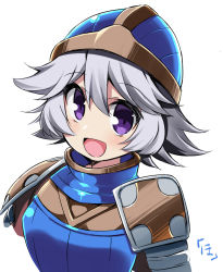 Rule 34 | 10s, 1girl, :d, armor, blue armor, farah (granblue), farrah (granblue fantasy), granblue fantasy, helmet, hoppege, looking at viewer, open mouth, purple eyes, short hair, silver hair, simple background, smile, solo
