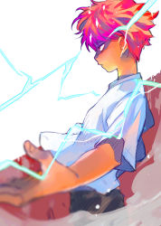 Rule 34 | 10s, 1boy, alternate hair color, blurry, depth of field, electricity, foreshortening, from side, kageyama shigeo, male focus, mob psycho 100, outstretched arms, red eyes, red hair, smoke, solo, u-min, upper body