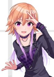 Rule 34 | black shirt, blouse, breasts, choker, commentary request, hair between eyes, hand on own head, hand up, highres, idolmaster, idolmaster cinderella girls, jewelry, light brown hair, long hair, long sleeves, looking at viewer, multicolored hair, necklace, ninomiya asuka, open mouth, purple eyes, purple hair, safety pin, shirt, small breasts, smile, solo, tsurime, two-tone hair, wgm oekaki, white background, wristband, zipper, zipper pull tab