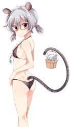 Rule 34 | 1girl, animal ears, ass, bare shoulders, bespectacled, bikini, black bikini, blush, breasts, bucket, butt crack, glasses, grey hair, halterneck, highres, jewelry, looking at viewer, low twintails, maturiuta sorato, mouse (animal), mouse ears, mouse tail, nazrin, pendant, red-framed eyewear, red eyes, semi-rimless eyewear, sideboob, simple background, small breasts, solo, standing, swimsuit, tail, touhou, twintails, under-rim eyewear, water, wavy mouth, white background