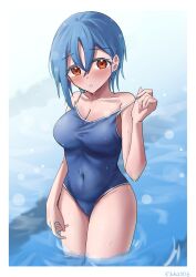 Rule 34 | 1girl, absurdres, artist name, blue hair, blue one-piece swimsuit, blush, border, breasts, cleavage, clothes pull, collarbone, commentary request, covered navel, earrings, hair between eyes, highleg, highleg swimsuit, highres, jewelry, looking at viewer, love live!, love live! superstar!!, medium breasts, one-piece swimsuit, one-piece swimsuit pull, orange eyes, outdoors, partially submerged, pool, rikka006, school swimsuit, short hair, solo, standing, stud earrings, swim ring, swimsuit, upper body, variant set, wading, wakana shiki, water, wet, wet clothes, wet hair, wet swimsuit, white border