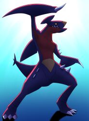 Rule 34 | animal focus, arm up, artist request, black sclera, blue skin, claws, colored sclera, colored skin, creatures (company), dragon, full body, game freak, garchomp, gen 4 pokemon, highres, looking at viewer, nintendo, pokemon, pokemon (creature), sharp teeth, simple background, solo, tail, teeth, yellow eyes
