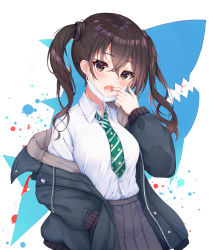 Rule 34 | 1girl, :o, absurdres, black jacket, black skirt, blush, breasts, brown eyes, brown hair, buttons, collared shirt, commentary request, drawstring, finger in own mouth, green necktie, hair between eyes, hand in pocket, hand up, head tilt, highres, hood, hood down, hooded jacket, idolmaster, idolmaster cinderella girls, jacket, lebring, long hair, long sleeves, looking at viewer, mask, mask pull, miniskirt, mole, mole under eye, mouth mask, necktie, off shoulder, open clothes, open jacket, open mouth, paint splatter, pleated skirt, school uniform, shark, sharp teeth, shirt, shirt tucked in, sidelocks, skirt, small breasts, solo, standing, striped necktie, striped neckwear, sunazuka akira, surgical mask, teeth, twintails, upper body, wavy hair, white background, white shirt