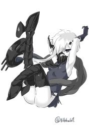 Rule 34 | 10s, 1girl, abyssal ship, armpits, arms up, ass, bad id, bad twitter id, black eyes, black gloves, breasts, colored skin, ebifurya, eyebrows, female focus, full body, gloves, hair over one eye, hand on own arm, highres, inactive account, kantai collection, leg up, long hair, looking at viewer, ne-class heavy cruiser, one eye covered, simple background, sleeveless, small breasts, solo, swept bangs, torn clothes, tsurime, twitter username, white background, white hair, white skin
