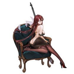 Rule 34 | 1girl, ass, black dress, blue eyes, brown thighhighs, butt crack, chair, dress, from behind, full body, game cg, gun, heterochromia, high heels, highres, last origin, long hair, looking at viewer, looking back, nail polish, official art, red eyes, rifle, rorobomb, sitting, solo, tachi-e, thighhighs, translated, transparent background, valkyrie (last origin), very long hair, weapon
