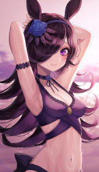 Rule 34 | 1girl, absurdres, animal ears, arm strap, armpits, arms behind head, arms up, bad id, bad twitter id, bikini, blue flower, blue hairband, blue rose, blurry, blurry background, blush, breasts, brown hair, choker, cleavage, closed mouth, dot nose, flower, hair flower, hair ornament, hair over one eye, hairband, hand on own head, highres, horse ears, horse girl, kudou (sikisiki0000), lace, lace-trimmed bikini, lace trim, long hair, looking at viewer, multi-strapped bikini, navel, one eye covered, purple bikini, purple choker, purple eyes, raised eyebrows, rice shower (umamusume), rose, small breasts, smile, solo, stomach, sunset, swept bangs, swimsuit, umamusume, upper body, water, wet