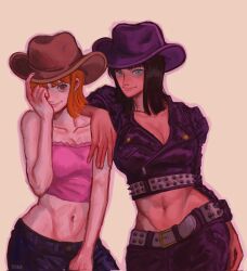 Rule 34 | 2girls, artist name, belt, blue eyes, blunt bangs, brown hat, commentary, cowboy hat, cowboy shot, crop top, cropped jacket, english commentary, hand on another&#039;s shoulder, hand on headwear, hat, highres, looking at viewer, m0kaccinoh, medium hair, multiple girls, nami (one piece), navel, nico robin, one piece, orange eyes, pink shirt, purple hat, shirt, short hair, sidelocks, smile
