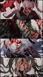 Rule 34 | 4girls, black sclera, blood, blood on face, bloody tears, carrot (one piece), charlotte pudding, colored sclera, crying, eigoni, green hair, hands up, highres, monet (one piece), multiple girls, one piece, panels, perona, pink hair, red eyes, sulong form, third eye, twintails, white hair, yellow eyes