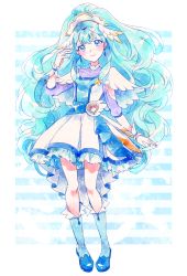 Rule 34 | 10s, 1girl, absurdres, blue background, blue eyes, blue footwear, blue hair, boots, closed mouth, cure ange, dress, earrings, frills, full body, highres, hugtto! precure, humming1213, jewelry, knee boots, long hair, looking at viewer, magical girl, precure, smile, solo, striped, striped background, white dress, wrist cuffs, yakushiji saaya