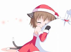 Rule 34 | 1girl, alternate costume, alternate headwear, animal ears, arm warmers, bag, bare shoulders, black gloves, brown hair, cat ears, cat tail, chen, christmas, commentary request, dress, fur trim, gloves, hat, kagerou (kers), leaning on object, multiple tails, red dress, santa hat, short hair, simple background, sleeping, solo, strapless, strapless dress, tail, touhou, white background