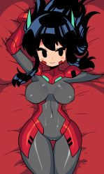 Rule 34 | 1girl, absurdres, asta rindo (rariatto), black eyes, black hair, blush, blush stickers, bodysuit, breasts, cameltoe, closed mouth, covered navel, gloves, grey bodysuit, hands up, highres, long hair, looking at viewer, lying, medium breasts, on back, original, rariatto (ganguri), red gloves, robot ears, seductive smile, smile, solo, thigh gap