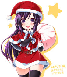 Rule 34 | 10s, 1girl, :d, alternate costume, alternate eye color, arm warmers, asashio (kancolle), bad id, bad pixiv id, black hair, black thighhighs, boots, capelet, christmas, dated, hat, kantai collection, long hair, open mouth, over shoulder, purple eyes, richou (zerozero1101), sack, santa boots, santa costume, santa hat, skirt, smile, solo, star (symbol), suspenders, thighhighs, twitter username, velt