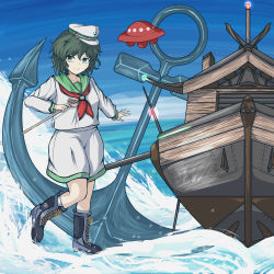 Rule 34 | 1girl, absurdres, anchor, blue sky, boots, cross-laced footwear, day, galm x lmr (ryonasa), green eyes, green hair, hat, highres, hishaku, lace-up boots, long sleeves, looking at viewer, murasa minamitsu, ocean, palanquin ship, peaked cap, red neckwear, sailor collar, sailor hat, sailor shirt, ship, shirt, short hair, shorts, sky, smile, solo, touhou, ufo, water, watercraft, waves, white shirt, white shorts