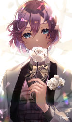 Rule 34 | 1boy, artist name, bad id, bad pixiv id, black shirt, blue eyes, bow, bowtie, collared shirt, commentary request, epel felmier, flower, hair between eyes, highres, holding, holding flower, jacket, jewelry, long sleeves, looking at viewer, male focus, necklace, open clothes, open jacket, otoufu (gotouhu), parted lips, plaid, purple hair, rose, shirt, short hair, signature, skull, smile, solo, twisted wonderland, upper body, white background, white flower, white jacket, white rose, yellow bow, yellow bowtie