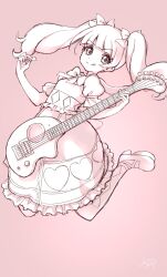 Rule 34 | 1girl, :p, aisaki emiru, bow, chocokin, dress, eyelashes, guitar, hair bow, hair ornament, happy, hugtto! precure, instrument, jumping, long hair, looking at viewer, music, playing instrument, precure, puffy short sleeves, puffy sleeves, short sleeves, signature, simple background, sketch, smile, solo, tongue, tongue out, twintails
