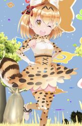 Rule 34 | 1girl, animal ears, artist request, belt, blonde hair, bow, bowtie, cat ears, cat girl, cat tail, elbow gloves, etohana, extra ears, gloves, japari symbol, kemono friends, looking at viewer, official art, one eye closed, outdoors, serval (kemono friends), serval print, shirt, shoes, short hair, skirt, sleeveless, sleeveless shirt, solo, tail, thighhighs, yellow eyes