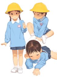 Rule 34 | 1girl, absurdres, black eyes, black hair, blue shirt, blue skirt, blush, braid, child, commentary, english commentary, half-closed eyes, hat, highres, kindergarten uniform, loffo, long sleeves, lying, name tag, on stomach, original, school hat, shirt, shoes, simple background, sitting, skirt, smile, socks, solo, standing, twin braids, v, v arms, white background, white footwear, white socks, yellow hat