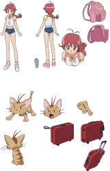 Rule 34 | 00s, 1girl, animal ears, aoi anna, backpack, bag, bare legs, braid, breasts, casual, cat, character sheet, female focus, full body, kimura takahiro, looking at viewer, official art, pink bag, shinkon gattai godannar!!, shoes, short shorts, shorts, smile, solo, standing, tail, white background