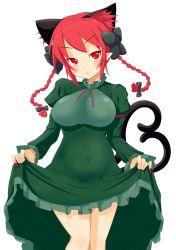 Rule 34 | 1girl, animal ears, blush, braid, breasts, cat ears, cat tail, clothes lift, dress, dress lift, highres, himenomikan, kaenbyou rin, large breasts, multiple tails, nekomata, red eyes, red hair, short hair, simple background, smile, solo, tail, touhou, twin braids, underbust, white background
