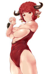 Rule 34 | 10s, 1girl, animal ears, black gloves, breasts squeezed together, breastless clothes, breasts, covered navel, cow ears, cow horns, deep skin, draph, earrings, female focus, gloves, granblue fantasy, highleg, highleg leotard, highres, horns, jewelry, large breasts, leotard, nipples, red eyes, red hair, short hair, single glove, solo, sturm (granblue fantasy), topless, wa (genryusui)