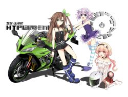 Rule 34 | bare shoulders, blonde hair, bow, breasts, brown hair, compa, d-pad, d-pad hair ornament, green eyes, hair bow, hair ornament, highres, if (neptunia), long hair, looking at viewer, motor vehicle, motorcycle, multiple girls, neptune (neptunia), neptune (series), purple eyes, purple hair, ribbon, smile, striped clothes, striped legwear, striped thighhighs, thighhighs, vehicle, zero (ray 0805)