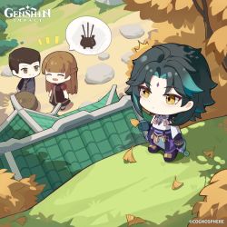 Rule 34 | 1girl, 3boys, aqua hair, bead necklace, beads, black hair, brown hair, building, chibi, chinese clothes, closed mouth, commentary, day, english commentary, closed eyes, facial mark, forehead mark, genshin impact, ginkgo leaf, highres, holding, holding leaf, jewelry, leaf, logo, multicolored hair, multiple boys, necklace, notice lines, official art, open mouth, outdoors, smile, standing, tree, xiao (genshin impact), yellow eyes