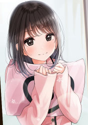 Rule 34 | 1girl, black hair, brown eyes, closed mouth, commentary request, curtains, hands up, highres, holding, holding pillow, kentaurosu, long hair, long sleeves, looking at viewer, original, pillow, pink shirt, shirt, sleeves past wrists, smile, solo, star (symbol), upper body