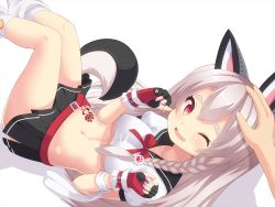 Rule 34 | 1girl, animal ears, azur lane, bad id, bad pixiv id, belt, black skirt, blush, bow, braid, breasts, crop top, da un, dog ears, dog tail, fang, fingerless gloves, gloves, grey hair, headpat, highres, long hair, looking at viewer, lying, medium breasts, microskirt, midriff, multicolored nails, nail polish, navel, no bra, on back, one eye closed, open mouth, pleated skirt, puffy short sleeves, puffy sleeves, red eyes, short sleeves, skirt, socks, solo focus, tail, tattoo, underboob, wristband, yuudachi (azur lane)