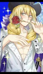 Rule 34 | 1boy, a1na63, absurdres, blonde hair, blue eyes, cape, cavendish, flower, hat, highres, holding, holding flower, long hair, long sleeves, male focus, one piece, open clothes, red flower, red rose, rose, shirt, smile, solo, sword, weapon