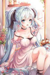 Rule 34 | 1girl, absurdres, alternate costume, aqua eyes, aqua hair, arm behind head, bad id, bad pixiv id, black bra, black ribbon, bottle, bra, breasts, choker, cleavage, collarbone, dress, flower, hair between eyes, hair ribbon, hatsune miku, highres, huge filesize, long hair, mirror, open mouth, perfume bottle, pink dress, pippin (pippin sol), plant, potted plant, reflection, ribbon, sitting, solo, strapless, strapless dress, tears, teeth, twintails, underwear, upper teeth only, very long hair, vocaloid