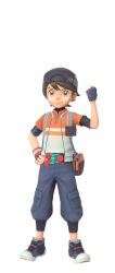 Rule 34 | 1boy, 3d, absurdres, artist request, backpack, backwards hat, bag, baseball cap, black gloves, blue footwear, blue hat, blue pants, brown eyes, brown hair, camera, child, clenched hand, closed mouth, creatures (company), duffel bag, fingerless gloves, full body, game freak, game model, gloves, hand on own hip, hand up, happy, hat, highres, jamie (pokemon), looking at viewer, male focus, multicolored shirt, new pokemon snap, nintendo, official art, orange shirt, pants, pin, pocket, pokemon, shirt, shoes, short hair, simple background, smile, solo, standing, swept bangs, transparent background, v-shaped eyebrows, wristband