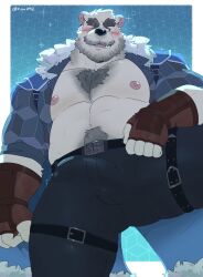 Rule 34 | 1boy, abs, animal ears, another eidos-r, bara, bare pectorals, bear boy, bear ears, beard, blue jacket, blush, border, bulge, chest tuft, commentary, cowboy shot, english commentary, facial hair, fingerless gloves, from below, fur-trimmed hood, fur trim, gloves, highres, hood, huge eyebrows, jacket, kiba2412, large pectorals, looking to the side, male focus, muscular, muscular male, navel hair, nipples, open clothes, open jacket, open mouth, outside border, patterned background, pectorals, scar, scar across eye, sigvaldi (another eidos), solo, spread legs, sweatdrop, thick mustache, thigh strap, twitter username, white border, white fur