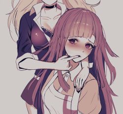 Rule 34 | 2girls, apron, black bra, black choker, black nails, blush, bra, breasts, choker, cleavage, collarbone, collared shirt, cowboy shot, danganronpa: trigger happy havoc, danganronpa (series), danganronpa 2: goodbye despair, enoshima junko, finger to another&#039;s mouth, grey background, head out of frame, highres, index finger raised, kkochmeli, large breasts, long hair, miniskirt, multiple girls, nail polish, pink shirt, pleated skirt, puffy short sleeves, puffy sleeves, red eyes, red skirt, shirt, short sleeves, simple background, skirt, tsumiki mikan, twintails, two-tone shirt, underwear