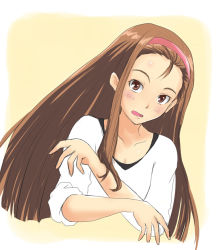 Rule 34 | 00s, 1girl, :d, blush, breasts, cleavage, collarbone, female focus, hairband, head tilt, idolmaster, idolmaster (classic), idolmaster 1, long hair, long sleeves, looking at viewer, minase iori, open mouth, pink hairband, shiny skin, shirt, simple background, sleeves pushed up, small breasts, smile, solo, straight hair, upper body, very long hair, white shirt, willwind30, yellow background