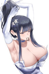 Rule 34 | 1girl, absurdres, adjusting hair, armpits, black hair, blue archive, blue eyes, blue halo, blush, breasts, choker, chroong, cleavage, closed mouth, dress, earrings, elbow gloves, gloves, halo, highres, jewelry, large breasts, long hair, mouth hold, official alternate costume, saori (blue archive), saori (dress) (blue archive), simple background, solo, strapless, strapless dress, upper body, white background, white choker, white dress, white gloves