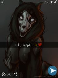 Rule 34 | 1girl, animal ears, black hair, grabbing another&#039;s breast, breasts, bright pupils, claws, dark nipples, dog, empty eyes, english text, female focus, fur, grabbing, grey background, hand on breast, heart, highres, large areolae, large breasts, looking at viewer, monster, nipples, nude, scp-1471, scp foundation, selfie, skull, smile, snowyfeline, solo, sparkle, text focus, white pupils