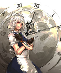 Rule 34 | 1girl, bad id, bad pixiv id, braid, female focus, highres, izayoi sakuya, knife, maid, maid headdress, red eyes, shadlow, short hair, silver hair, solo, embodiment of scarlet devil, throwing knife, touhou, twin braids, weapon