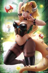 Rule 34 | 1boy, 1girl, :p, absurdres, arm up, armlet, black pantyhose, blonde hair, blouse, blue eyes, blue gemstone, blue overalls, bowsette, breasts, chunhwei lee, cleavage, earrings, fingernails, gem, half-closed eyes, highres, horns, jewelry, lingerie, lips, mario, mario (series), medium breasts, midriff, navel, new super mario bros. u deluxe, nintendo, overalls, pantyhose, pointy ears, red shirt, sharp fingernails, shell, shirt, skindentation, spiked armlet, standing, standing on one leg, stomach, super crown, super star (mario), tail, teeth, thighhighs, thighs, tongue, tongue out, underwear, upper teeth only